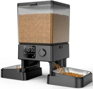 Automatic cat feeders for busy pet parents — this sleek, dual-bowl smart feeder dispenses dry kibble on schedule, featuring a digital timer and voice recording for stress-free, hands-free feeding.