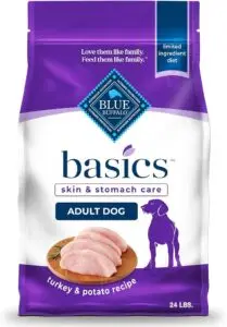 Blue Buffalo Basics Skin & Stomach Care Adult Dog Food – one of the best products for dogs with allergies, this 24 lb bag features a limited ingredient turkey and potato recipe designed to support sensitive skin and digestion in adult dogs.