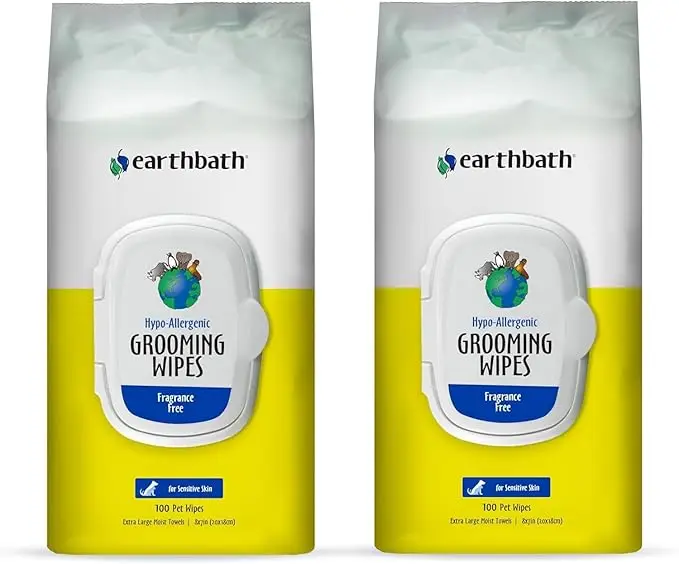 Earthbath Hypo-Allergenic Grooming Wipes – fragrance-free wipes for sensitive skin, ideal for allergy-prone pups. This 2-pack of extra-large pet wipes is one of the best products for dogs with allergies, offering gentle, daily cleaning without irritation.