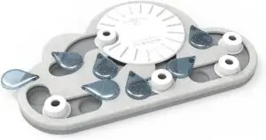 Interactive cat puzzle toy shaped like a cloud with treat compartments and sliding pieces – designed to stimulate mental activity and slow down eating.