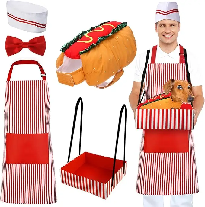 Dog and owner matching Halloween costume set featuring a hot dog outfit for pets and a striped vendor apron with hat for the owner — one of the cutest dog Halloween costumes 2025 ideas for trick-or-treating.