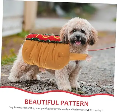 Adorable fluffy dog wearing a funny hot dog costume with bun and toppings — one of the most popular dog Halloween costumes 2025 for laughs and photos.