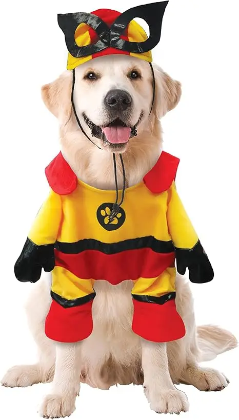 Golden Retriever wearing a colorful superhero outfit with mask and cape — one of the best dog Halloween costumes 2025 for fun, festive celebrations.