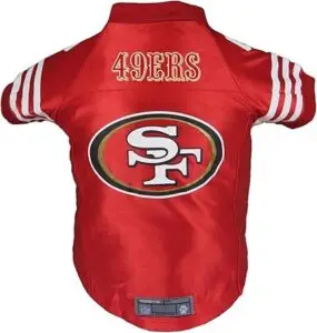 San Francisco 49ers dog jersey with official NFL logo, red football dog gear for pets to wear on game day.