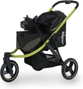 Small black terrier sitting inside the Ibiyaya Pet Jogger Stroller — one of the best dog strollers for senior dogs, designed for jogging and outdoor adventures.