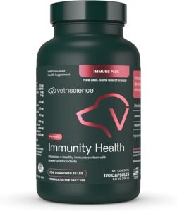 VetriScience Immune Plus dog supplement bottle — immunity health formula with antioxidants for dogs over 30 lbs, 120 capsules.