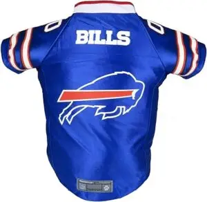Bills dog jersey with official NFL team logo, navy football dog gear for pets to wear on game day.