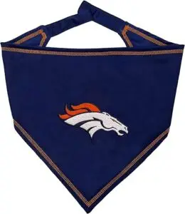 Denver Broncos dog bandana with official NFL logo, football dog gear for pets to wear proudly on game day.