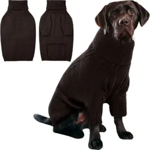 Large dog wearing a cozy brown knit sweater with turtleneck, displayed with front and back views — a warm and stylish choice in fall essentials for dogs 2025.