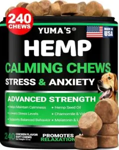 Container of Yuma’s Hemp Calming Chews for dogs, advanced strength formula for stress and anxiety relief with hemp seed oil, chamomile, valerian, and melatonin — a wellness pick in fall essentials for dogs 2025.