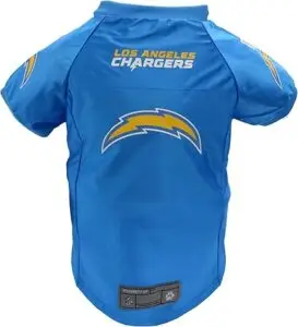 Los Angeles Charger dog jersey with official NFL team logo, navy football dog gear for pets to wear on game day.