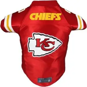 Kansas City Chiefs dog jersey with official NFL team logo, navy football dog gear for pets to wear on game day.