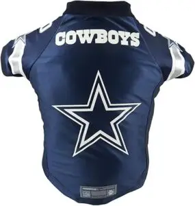 Dallas Cowboy dog jersey with official NFL team logo, navy football dog gear for pets to wear on game day.