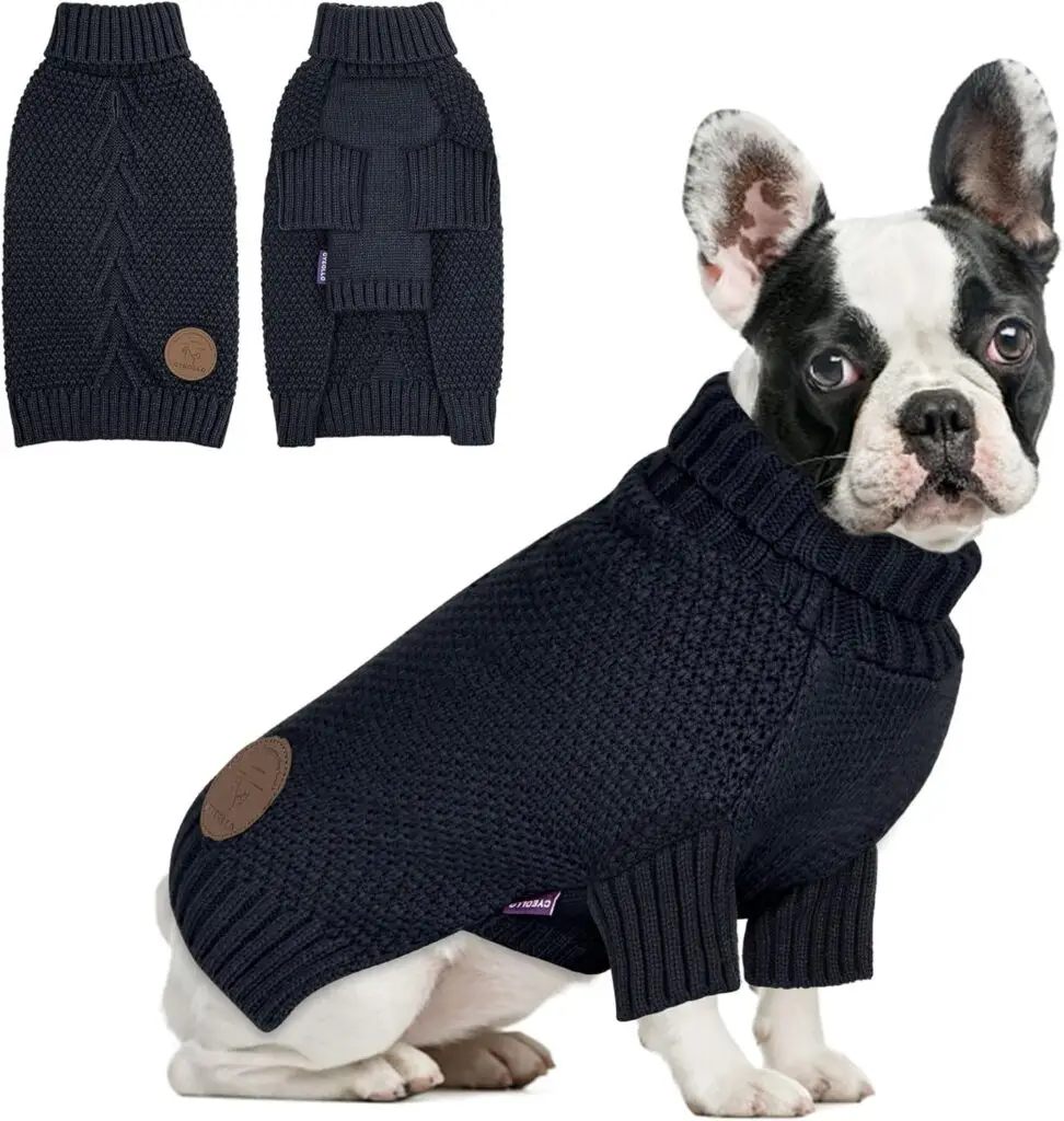 French Bulldog wearing a dark navy knit turtleneck sweater with front and back views shown — a warm and fashionable pick in fall essentials for dogs 2025.
