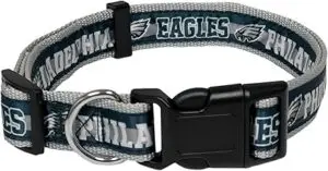 Philadelphia Eagles dog collar with official NFL team logo, part of football dog gear for stylish pets on game day.