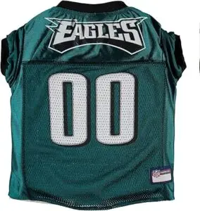 Eagles dog jersey with official NFL team logo, navy football dog gear for pets to wear on game day.
