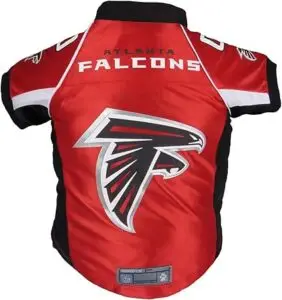 Atlanta Falcon dog jersey with official NFL team logo, navy football dog gear for pets to wear on game day.