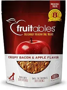 Bag of Fruitables crispy bacon and apple flavor dog treats, made with superfoods and baked for a healthy snack — a tasty pick in fall essentials for dogs 2025.