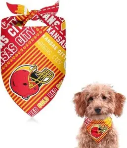 Small dog wearing a Kansas City Chiefs bandana with official NFL team design, fun football dog gear for game day fans.