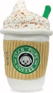 Plush dog toy shaped like a whipped cream latte cup with “Star Pups Coffee” logo — a cute and playful pick in fall essentials for dogs 2025.