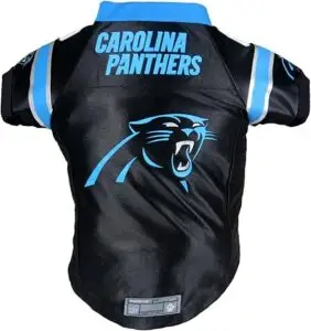 Carolina Panthers dog jersey with official NFL logo, black and blue football dog gear for pets to wear on game day.