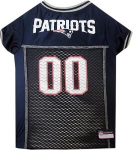 New England Patriots dog jersey with official NFL team logo, navy football dog gear for pets to wear on game day.