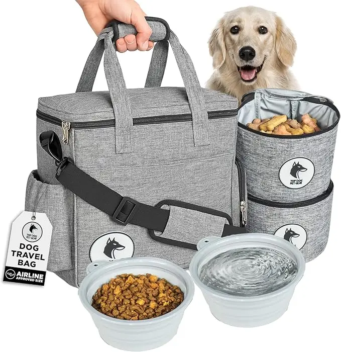 Gray dog travel bag set with food storage containers, collapsible bowls, and treats, shown with a Golden Retriever — a practical pick in fall essentials for dogs 2025.
