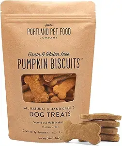 Bag of Portland Pet Food Company pumpkin biscuits, grain and gluten free all-natural dog treats — a healthy snack option in fall essentials for dogs 2025.