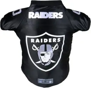 Las Vegas Raider dog jersey with official NFL team logo, navy football dog gear for pets to wear on game day.