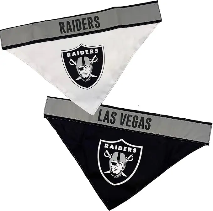 Vegas Raiders dog bandana with official NFL team logo, football dog gear for stylish pets on game day.