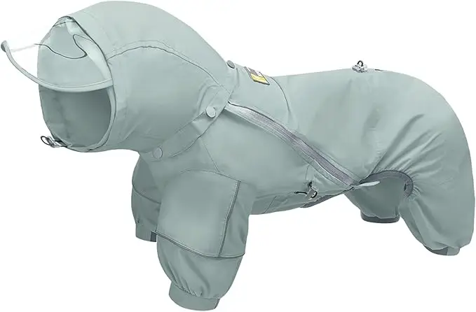 Light gray full-body waterproof dog raincoat with hood, zipper closure, and protective leg coverage — a functional and modern pick in fall essentials for dogs 2025.