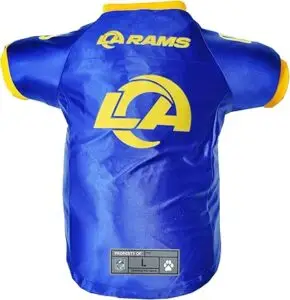 Los Angeles Rams dog jersey with official NFL logo, blue and gold football dog gear for pets on game day.