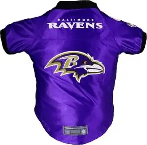 Baltimore Raven dog jersey with official NFL team logo, navy football dog gear for pets to wear on game day.