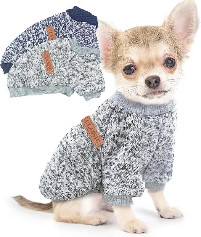 Small Chihuahua wearing a gray knit sweater with two extra sweater color options shown — a cozy and stylish choice in fall essentials for dogs 2025.